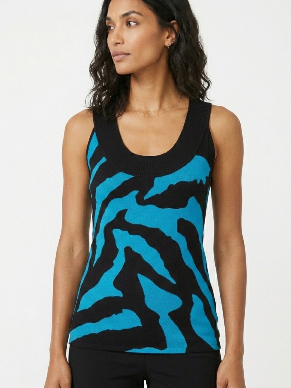 Caché Blue Y2K Zebra Stripe Knit Tank Top Scoop Neck - Size Large